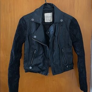 Faux leather jacket with lace sleeve detailing